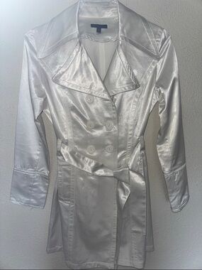 last kiss Pearl White Satin Double-Breasted Trench with Tie Belt